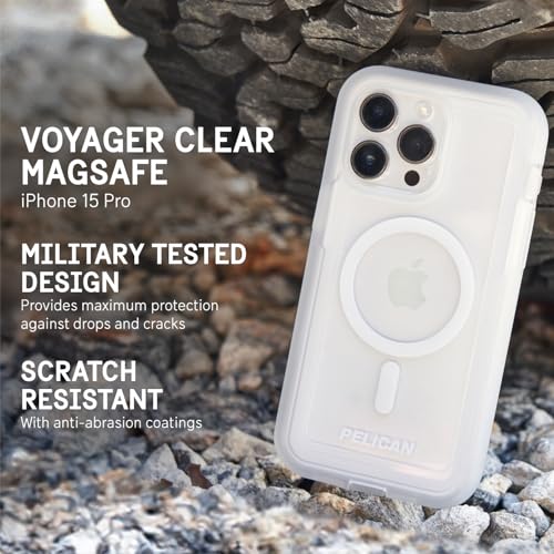 Pelican Voyager Series - iPhone 15 Pro Case 6.1" [Compatible with MagSafe] [Anti-Yellow] Magnetic Charging Phone Case with Belt Clip Holster Kickstand [18ft Military Grade Drop Protection] - Clear