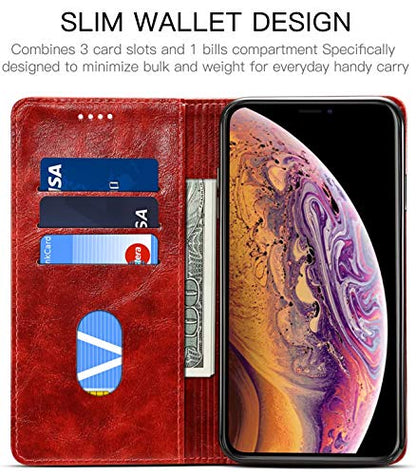SINIANL iPhone Xs Case, iPhone X Case, Leather Wallet Folio Case Book Design Flip Cover with Stand and ID Credit Card Slot Magnetic Closure for iPhone Xs/X - color: Red, size: iPhone X / XS (5.8 inch)