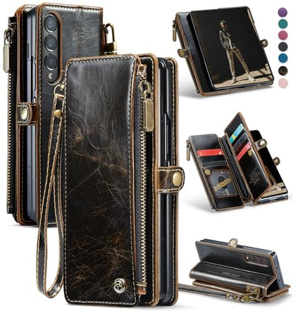 Defencase for Samsung Galaxy Z Fold 4 Wallet Case with Card Holder, Coffee | Durable Soft PU Leather, RFID Blcking Zipper Pocket, with S-Pen Holder & Strap, Flip Phone Cases with Stand for Women Men - color: Coffee