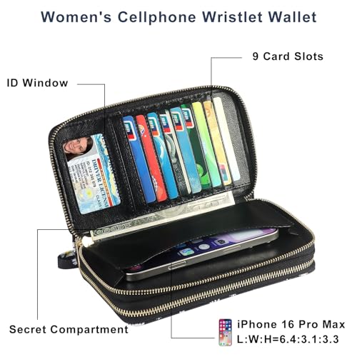RFID Blocking Cellphone Wallet for Women with Wrist Strap, Double Zipper Travel Clutch Purse Large Capacity, Daisy - color: Black Daisy