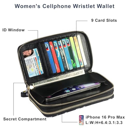 RFID Blocking Cellphone Wallet for Women with Wrist Strap, Double Zipper Travel Clutch Purse Large Capacity, Daisy - color: Black Daisy