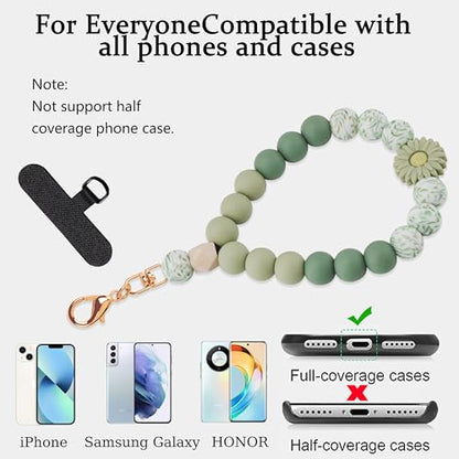 Silicone Beaded Phone Wrist Strap for Women, Elastic Wristlet - color: Green Daisy