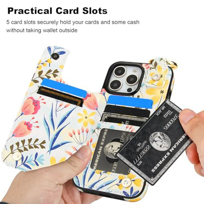 HAOPINSH for iPhone 16 Pro Max Wallet Case with Card Holder, Floral Flower Print Back Flip Folio PU Leather Kickstand Card Slots Case, Finger Grip Ring Double Magnetic Clasp Shockproof 6.9" - color: Floral Flower Grip Ring