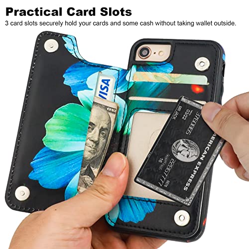HAOPINSH iPhone SE(2022)/SE(2020)/7/8 Wallet Case, Blue Florals Flip PU Leather Kickstand Card Slots, Double Magnetic Clasp, Shockproof 4.7 - color: Blue Florals