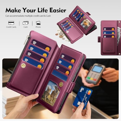 for Samsung Galaxy S26 Ultra Wallet Case with Card Holder RFID Blocking PU Leather Zipper Phone Case Flip Folio Protective Cover Wrist Strap Credit Card Slots Kickstand Men Women,Wine Red - color: Wine Red, size: Samsung Galaxy S26 Ultra - 6.9"