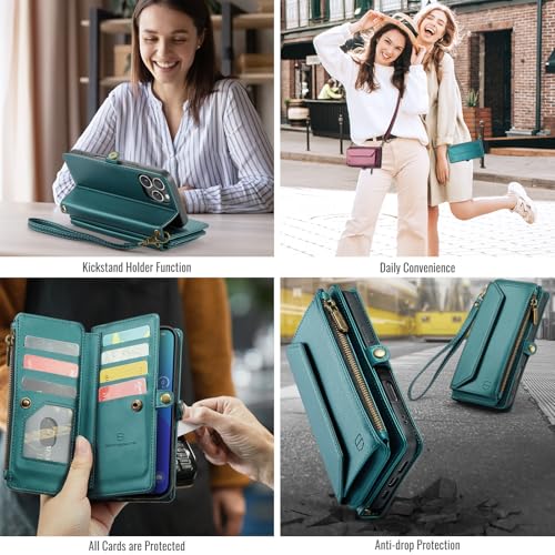 Strapurs for iPhone 16 Pro Max - Zipper Strap Wallet Case Women, Blue Green | RFID Blocking 10-Card Holder, Shoulder Lanyard, Wirst Strap, Zipper Pocket, Magnetic Snap, Soft PU Leather, Phone Flip Cover - color: Blue Green, size: iPhone 16 Pro Max - 6.9"