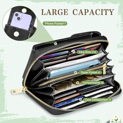 HUANLANG Small Crossbody Phone Bags for Women Cell Phone Purse Wallet | Wallet with Phone Pouch, Small, Leather, Card Slots, RFID Blocking, Anti-theft, Multi Pockets, Detachable Adjustable Strap - color: A-black