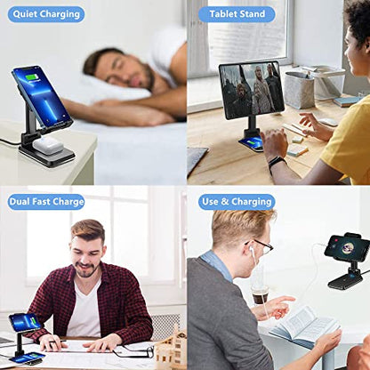 Dual 10W Wireless Charger, [Angle&Height Adjustable] Wireless Charging Desk Phone Holder Charger Stand, 2 in 1 Qi Fast Charging Dock for iPhone 16/15/14/13/12/11/MAX,AirPods,Samsung Galaxy S21/S20/S10