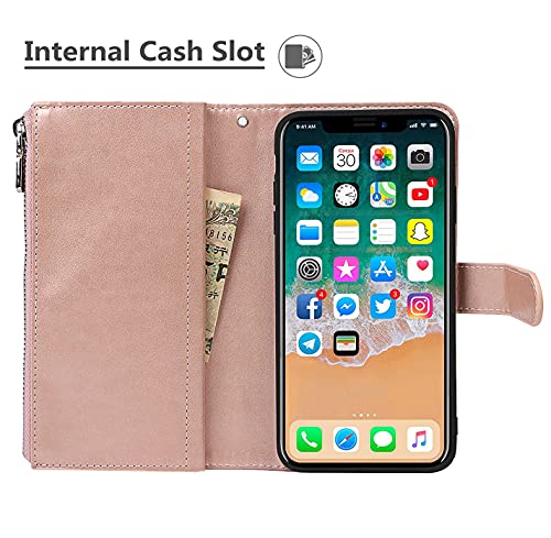iCoverCase for iPhone X/XS Wallet Case with Card Holder and Wrist Strap, PU Leather Kickstand Card Slots Zipper Pocket Magnetic [Detachable] Flip Cover Case 5.8 Inch (Rose Gold) - color: Rose Gold