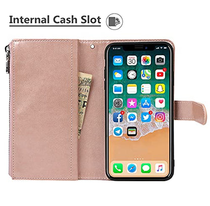 iCoverCase for iPhone X/XS Wallet Case with Card Holder and Wrist Strap, PU Leather Kickstand Card Slots Zipper Pocket Magnetic [Detachable] Flip Cover Case 5.8 Inch (Rose Gold) - color: Rose Gold