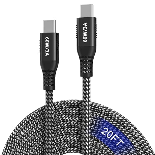 20ft USB C to USB C Cable 60W Fast Charging, Super Long Braided Type C Cable for iPhone 15/15 Pro/16/17, Samsung Galaxy S24, iPad Pro/Air, MacBook Pro/Air, Google Pixel (USB 2.0 Data Sync)