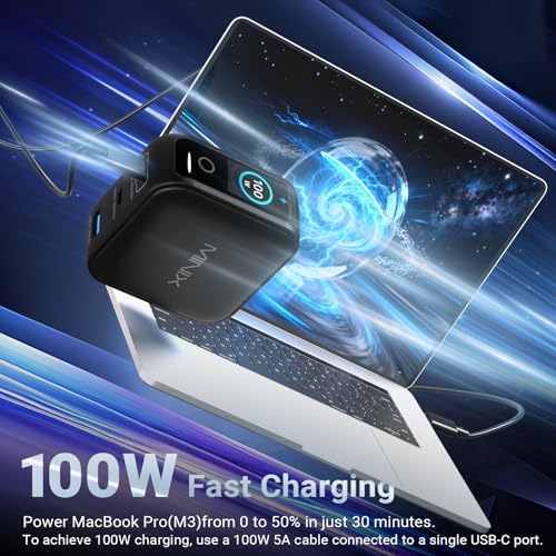 MINIX 100W 3-Port GaN USB C Fast Charger Block with Smart Display, Foldable