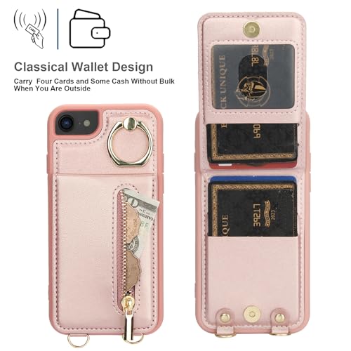 Crossbody Wallet Case for iPhone 7/8/SE 2020/SE 2022, Pink | Card Slots, Zipper Pocket, Flip Folio Purse, RFID Blocking, Ring Kickstand with Detachable Strap - color: Pink, size: iPhone 7/8/SE 2020/SE 2022 (4.7")