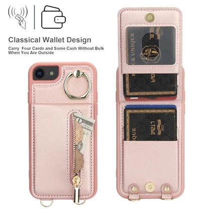 Crossbody Wallet Case for iPhone 7/8/SE 2020/SE 2022 with Lanyard Strap Card Slot Holder RFID Blocking Kickstand,Magnetic Flip Folio Zipper Purse Case, PU Leather Cover Handbag,Rose Gold - color: Rose Gold, size: iPhone 7/8/SE 2020/SE 2022(4.7")