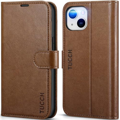 TUCCH Case Wallet for iPhone 14 (6.1") 2022, RFID Blocking Folio, Brown | 4 Card Holders, Kickstand, PU Leather, Magnetic Closure, Shockproof TPU Shell, Protective Flip Cover - color: Brown