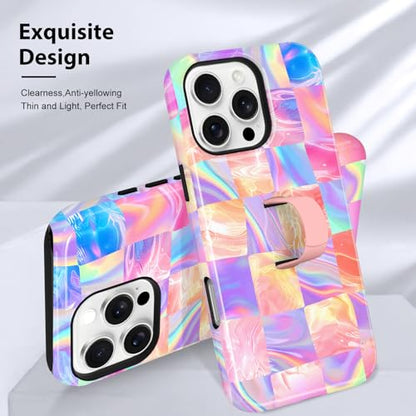 KANGHAR Compatible with iPhone 16 Pro Case Checkered -Iridescent | Silicone Cute Pattern, Finger Hold Wristband Kickstand Camera Protection Soft Slim Phone Case for Girls Women - color: (Checkered)Iridescent Gradient, size: iPhone 16 Pro