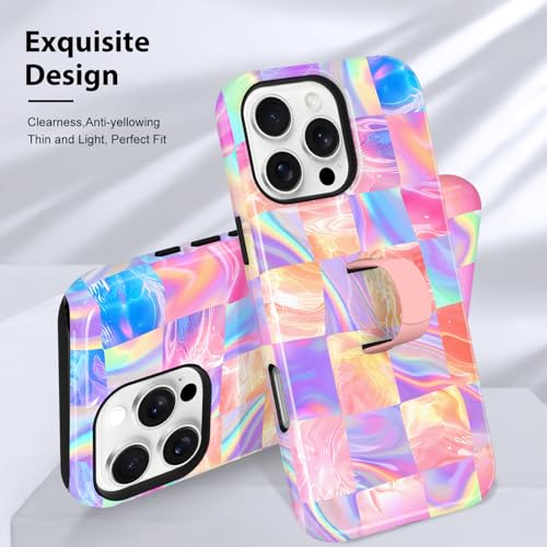 KANGHAR Compatible with iPhone 16 Pro Max Case Checkered -Iridescent | Silicone Cute Pattern, Finger Hold Wristband Kickstand Camera Protection Soft Slim Phone Case for Girls Women - color: (Checkered)Iridescent Gradient, size: iPhone 16 Pro Max