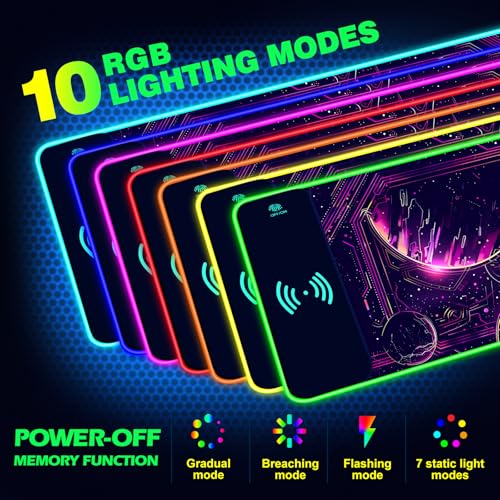 AIMSA Wireless Charging,15W Wireless Fast Charging with Mouse Pad, Large Keyboard RGB Mouse Pad with 14 LED Light Modes, Non-Slip Desk Pad, Purple Planet - color: Purple Planet