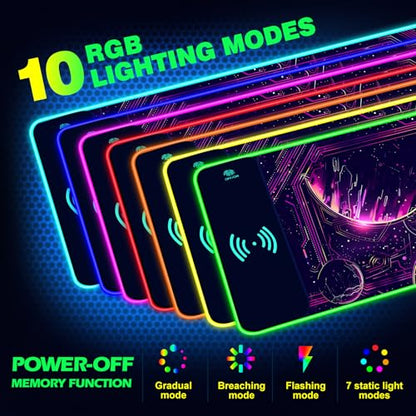 AIMSA Wireless Charging,15W Wireless Fast Charging with Mouse Pad, Large Keyboard RGB Mouse Pad with 14 LED Light Modes, Non-Slip Desk Pad, Purple Planet - color: Purple Planet