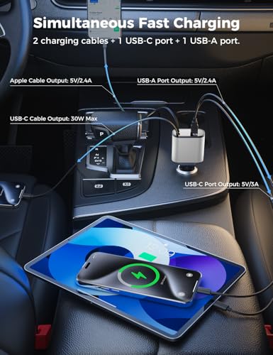 SUPERONE Retractable Car Charger 4 in 1 Fast Car Phone Charger, Silver - color: Silver