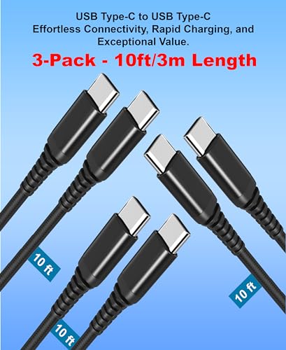 [3 Pack - 10ft USB Type C to USB C 60W PD Fast Charging 10 feet Braided Cables Compatible with iPhone 15, MacBook Pro, iPad mini 6, Air 4, Galaxy S23, Note, Pixel, Pixel, Moto Edge - size: 3-Pack - 10ft