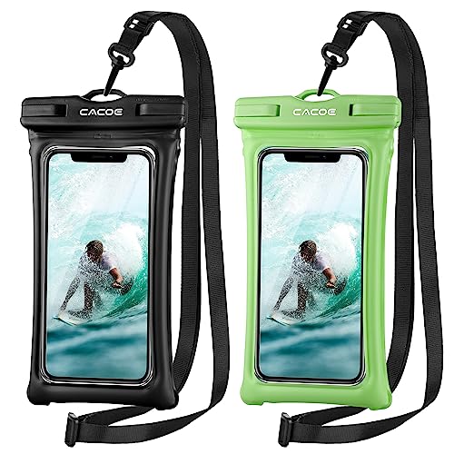CACOE Floatable Waterproof Phone Pouch 2 Pack Up to 7.0",Black+Dark Green | Floatable, IPX8 Waterproof Phone Case,Adjustable Lanyard,Dry Bags for Beach/Cruise/Travel/Camping/Kayak/Vacation Essentials - color: Black+Dark Green