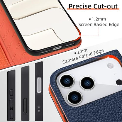 VISOUL Genuine Leather Wallet Case for iPhone 17 Pro Max 6.9" 2025, Pebbled Leather Flip Cover | RFID Blocking 4 Card Holders | Kickstand | Soft Inner Phone Shell | Blue+Orange - color: Blue+Orange