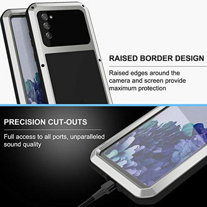 LOVE MEI Military Rugged Case for Samsung Galaxy S20 FE 5G, with Glass Screen Protector, Shockproof Dustproof Scratch Proof Hybrid Alloy and Silicone Gel Heavy Duty Full Body Cover Silver - color: Silver