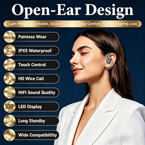 Open Ear Headphones, Wireless Headphones with Smart Digital Display & Mic - color: Gray