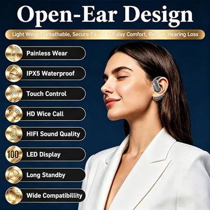 Open Ear Headphones, Wireless Headphones with Smart Digital Display & Mic - color: Gray