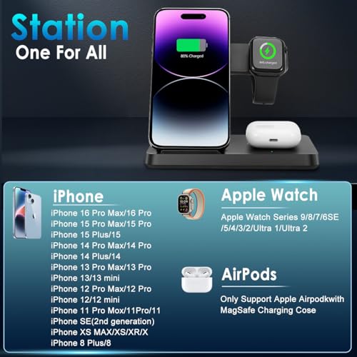3 in 1 Charging Station for Multi Devices, Wireless Charger for iPhone 8-16 Series & Apple Watch, Wireless Charging Station for AirPods Pro/4/3/2