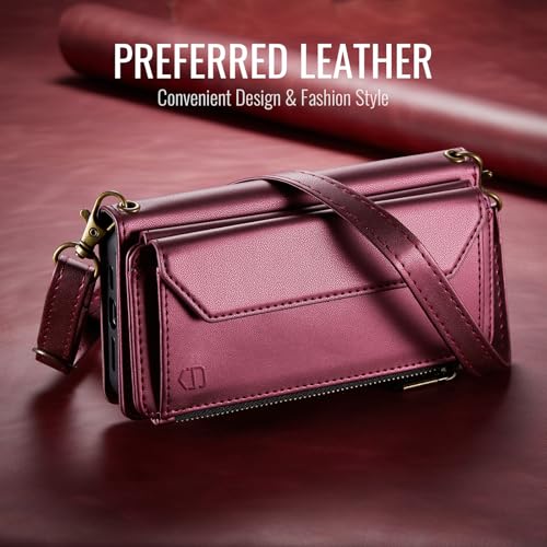Strapurs Crossbody Wallet Case Compatible with Samsung Galaxy Z Fold 3 with RFID Blocking Card Holder & Pen Holder Slot Soft PU Leather Shoulder Strap Zipper Pocket Purse Fold 3 Phone Case, Wine Red | RFID Blocking 5-Card Holder, Shoulder Lanyard, Wirst S