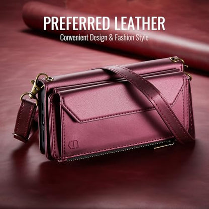 Strapurs Crossbody Wallet Case Compatible with Samsung Galaxy Z Fold 3 with RFID Blocking Card Holder & Pen Holder Slot Soft PU Leather Shoulder Strap Zipper Pocket Purse Fold 3 Phone Case, Wine Red | RFID Blocking 5-Card Holder, Shoulder Lanyard, Wirst S
