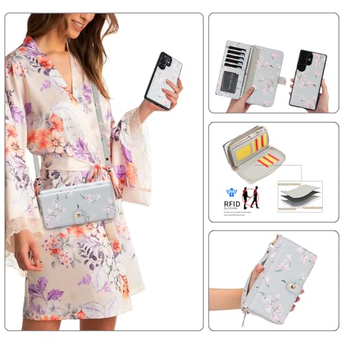 LITOU Compatible for Samsung Galaxy S26 Plus Crossbody Wallet Phone Case - color: GrayFlower, size: S26 Plus