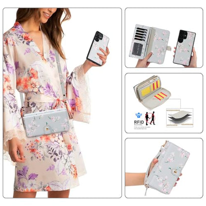 LITOU Compatible for Samsung Galaxy S26 Plus Crossbody Wallet Phone Case - color: GrayFlower, size: S26 Plus