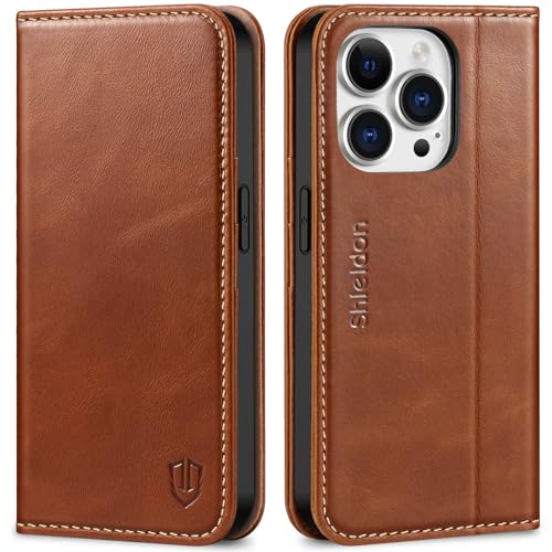 SHIELDON Genuine Leather Case Wallet for iPhone 14 Pro 6.1", Retro Brown | Folio Magnetic Closure, RFID Blocking, Credit Card Holder, Kickstand, Shock Absorbing Protective Cover - color: Brown - Retro