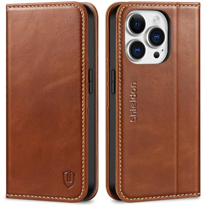SHIELDON Genuine Leather Case Wallet for iPhone 14 Pro 6.1", Retro Brown | Folio Magnetic Closure, RFID Blocking, Credit Card Holder, Kickstand, Shock Absorbing Protective Cover - color: Brown - Retro