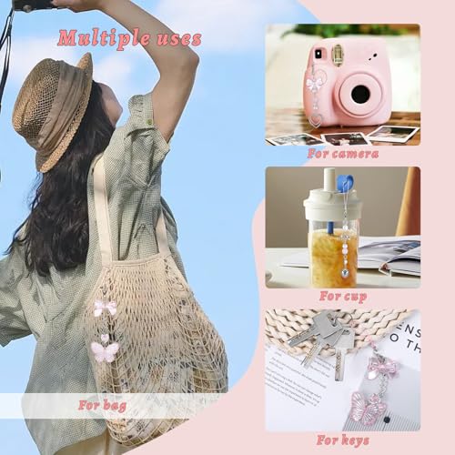 Pink Beaded Phone Wrist Straps, Y2K Phone Case Charms Camera Charm Strap, Lanyard Keychain Wristlet Aesthetic Cellphone Charm - style: 3 Pink Butterfly Metal Heart