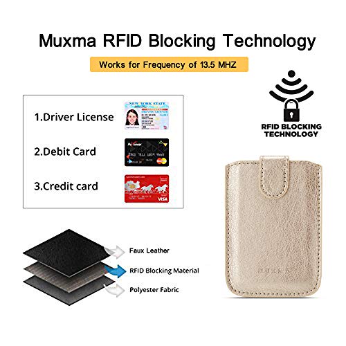 Phone Card Holder RFID Sleeve, PU Leather Stick-On Pull 5 Card Phone Wallet - color: Gold