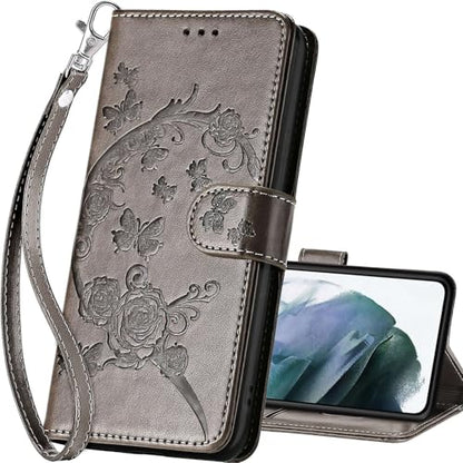 for Samsung Galaxy S22 Wallet case, Gray Flower | 3 Card Holders, Kickstand, Shockproof TPU Shell, PU Leather, Magnetic Closure, Protective Flip Folio Cover, Women - color: 9
