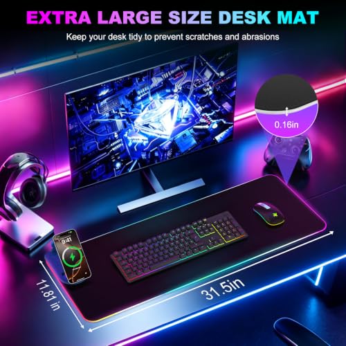 Wireless Charging RGB Gaming Mouse Pad with Foldable Phone Holder, Black