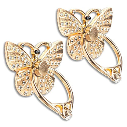 [2 Packs] Butterfly Glitter Bling Bling Phone Ring Holder, Sparkle Phone Ring Grip Artificial Diamond Stand,Rhinestone Cell Finger Ring for Phones,Pad