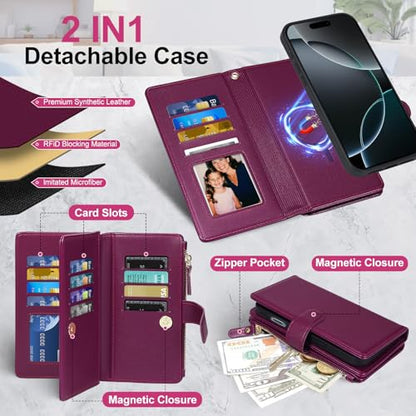 Magnetic Case for iPhone 17 Wallet Compatible with Magsafe RFID Blocking Card Holder Detachable Phone Cover Kickstand Snap Strap Zipper Pocket PU Leather 6.3 inch (Burgundy) - color: Burgundy, size: iPhone 17