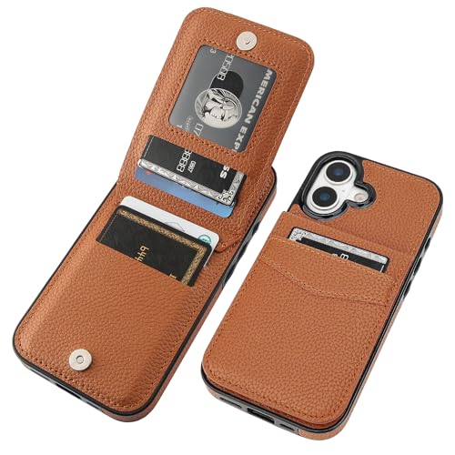 KIHUWEY for iPhone 17 Wallet Case Card Holder Kickstand, Lichee Light Brown | Credit Card Slots, PU Leather, Magnetic Clasp, Flip Heavy Duty Protection Cover for Men and Women - color: Lichee Light Brown