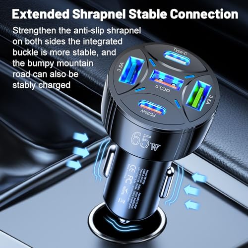 5-in-1 Super Fast Charging USB C Car Charger Adapter for iPhone, 65W Multi-Port PD30W & QC3.0 Cigarette Lighter USB Charger for Android/Samsung/iPad Pro (Black) - color: Black