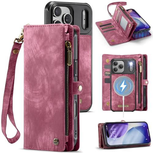 Compatible with iPhone 17 Pro Wallet Case with Magsafe,Red | Magnetic Detachable Case,Card Holder,Zipper Pocket,Strap Wristlet, Soft Leather Drop-Proof Phone Case for iPhone 17 Pro 6.3" - color: (Detachable and Magsafe)-Red, size: iPhone 17 Pro 6.3 Inch