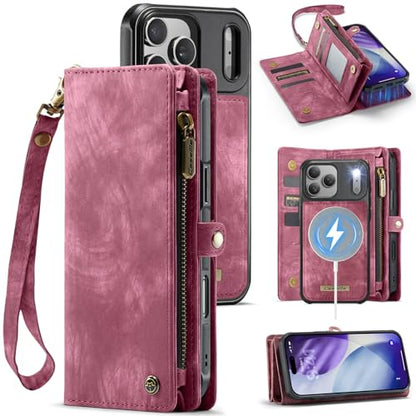 Compatible with iPhone 17 Pro Wallet Case with Magsafe,Red | Magnetic Detachable Case,Card Holder,Zipper Pocket,Strap Wristlet, Soft Leather Drop-Proof Phone Case for iPhone 17 Pro 6.3" - color: (Detachable and Magsafe)-Red, size: iPhone 17 Pro 6.3 Inch