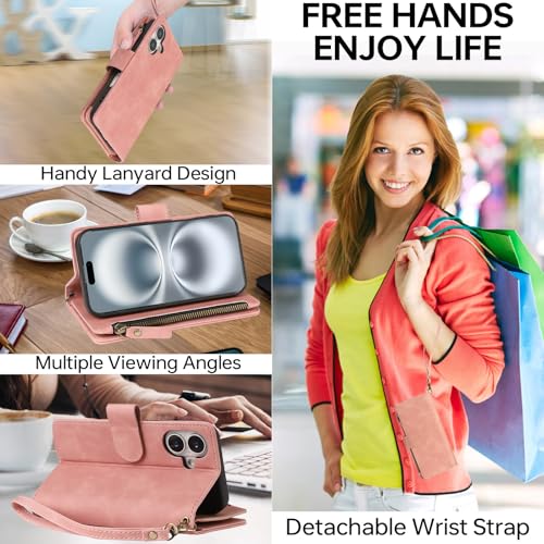 RANYOK Compatible with iPhone 16 Case Wallet - PU Leather Wallet Case for iPhone 16 with Credit Card Holder RFID Blocking Zipper Pocket with Wrist Strap Flip Folio Protective Case (Pink) - color: Pink, size: iPhone 16, 6.1"
