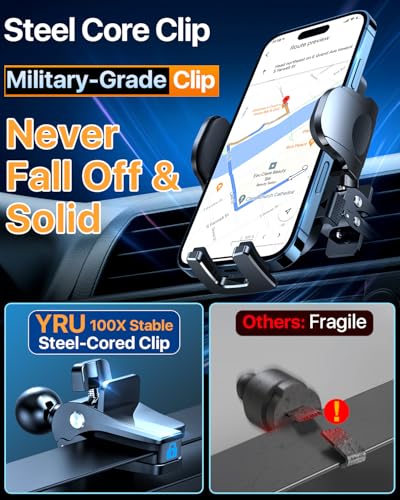 YRU【True Military-Grade Safety & Patent Certs】360°Rotation Car Phone Holder【100+LBS Strong Suction & Clip】Windshield Dash Vent Cell Phone Mount Cradle for iPhone17 16 Pro Max Truck Samsung, Dark Blue - color: Dark Blue