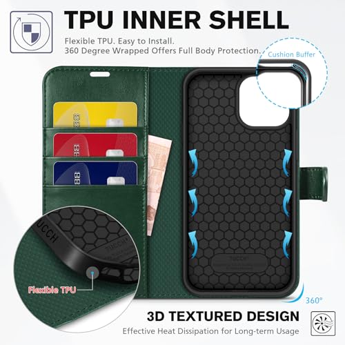 TUCCH Wallet Case for iPhone 13 (6.1") 2021, Flip Stand, Midnight Green | RFID Blocking, 3 Card Holders, Kickstand, PU Leather, Shockproof TPU Shell, Magnetic Closure, Protective Folio Cover - color: Dark Green